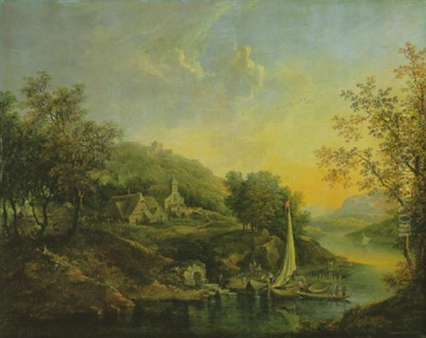 Fluslandschaft (donaulandschaft?) Mit Fischerbooten Am Ufer, Bauernhausern, Kirche Und Burgruine Am Uferhang Oil Painting by Johann Christian Brand