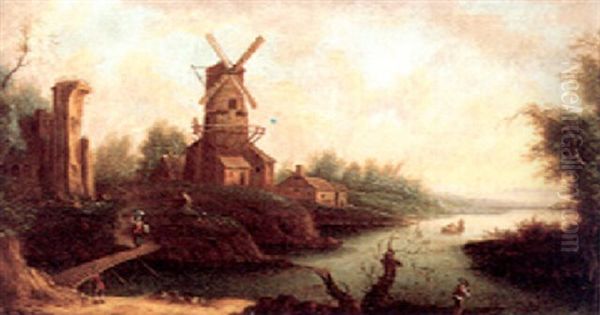 A Riverscape With A Windmill And Figures Oil Painting by Johann Christian Brand