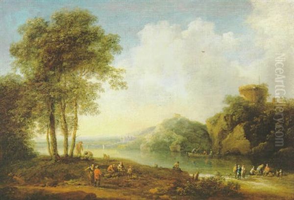 Fluslandschaft Mit Einem Turm Und Bauern Oil Painting by Johann Christian Brand