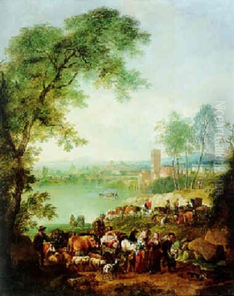 Landschaft Mit Bauern Und Herdenvieh by Johann Christian Brand