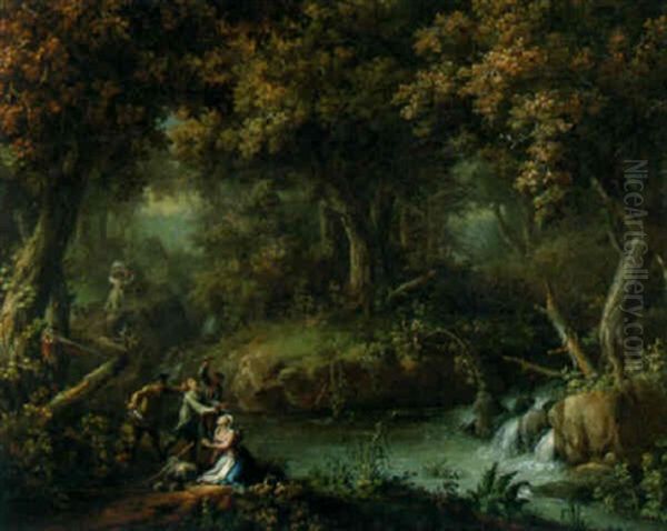 Bandits Attacking A Peasant Couple On A Wooded Track By A Stream Oil Painting by Johann Christian Brand