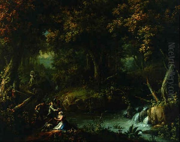 Bandits Attacking A Peasant Couple On A Wooded Track By A Stream Oil Painting by Johann Christian Brand