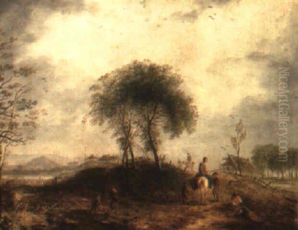 Wooded Landscape With Figures Outside A Village Oil Painting by Johann Christian Brand