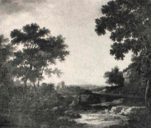 A Wooded Landscape With Two Travellers Resting On A Rock Oil Painting by Johann Christian Brand