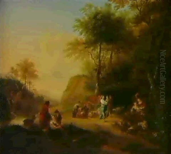 Pastoralt Landskab Med Dansende Bonder Og Kvaeg Oil Painting by Johann Christian Brand