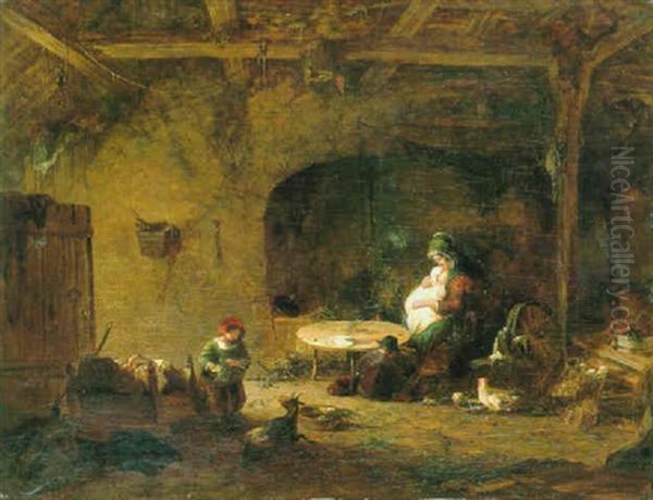 A Mother And Children In A Cottage Oil Painting by Robert Brandard