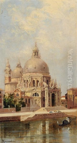 A Gondolier Before The Basilica Santa Maria Della Salute, Venice; Figures Beside The Columns Of The Piazzetta San Marco, Venice (pair) Oil Painting by Antonietta Brandeis