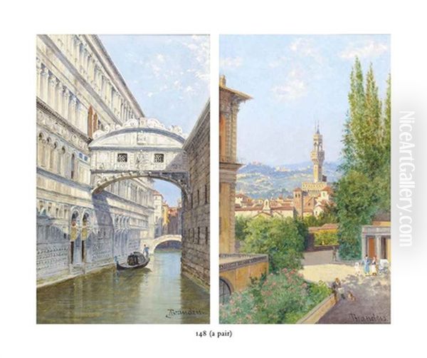 A Gondolier Under The Bridge Of Sighs, Venice (+ The Bobboli Gardens, Florence; Pair) Oil Painting by Antonietta Brandeis