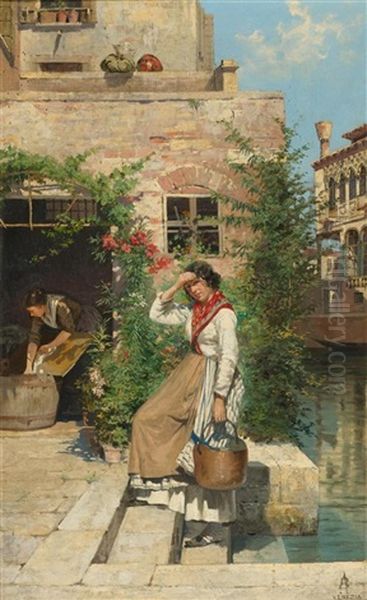 Venezianische Wascherin Am Kanal Oil Painting by Antonietta Brandeis