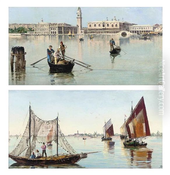 The Bacino Di San Marco, Venice(+ Fishermen On The Venetian Lagoon; Pair) Oil Painting by Antonietta Brandeis