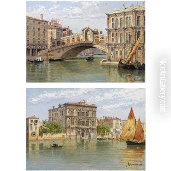 The Rialto Bridge And Palazzo Camerlenghi (+ The Ca Vendramin Calergi, Venice; Pair) Oil Painting by Antonietta Brandeis