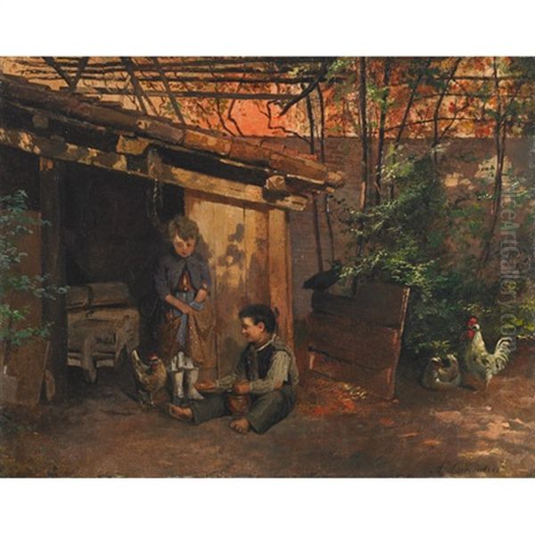 Children Feeding Chickens On The Farm Oil Painting by Antonietta Brandeis