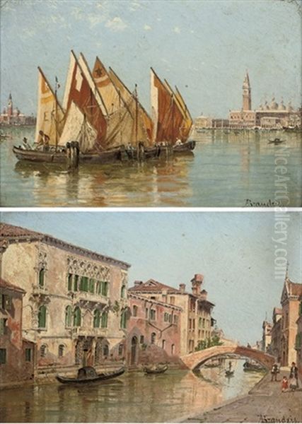 Trading Vessels Moored Before The Entrance To The Grand Canal (+ A Venetian Backwater; Pair) Oil Painting by Antonietta Brandeis