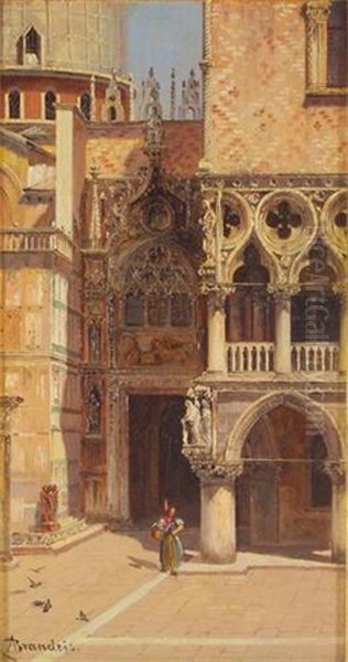 Entrance To The Doge's Palace (the Ricci Staircase; 2 Works) Oil Painting by Antonietta Brandeis