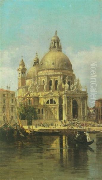 A View Of The Chiesa Santa Maria Della Salute With A Procession Entering The Church And A Gondola In The Foreground Oil Painting by Antonietta Brandeis