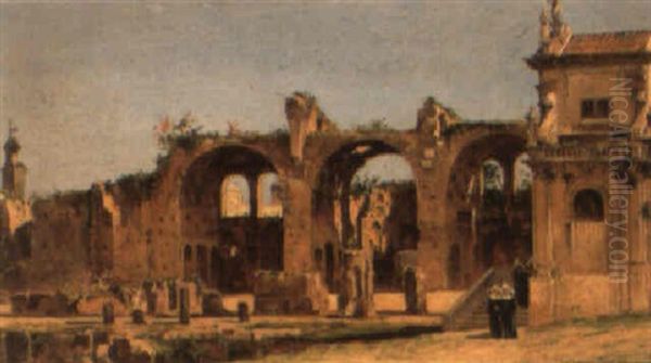 Nuns Amongst A Convent Ruin Oil Painting by Antonietta Brandeis