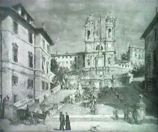 Religious Procession Decending Down The Spanish Steps Oil Painting by Antonietta Brandeis