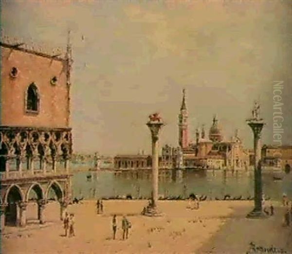 A View Of The Piazetta And S. Maria Della Salute;           A View Of The Doges' Palace And Piazetta, Venice Oil Painting by Antonietta Brandeis