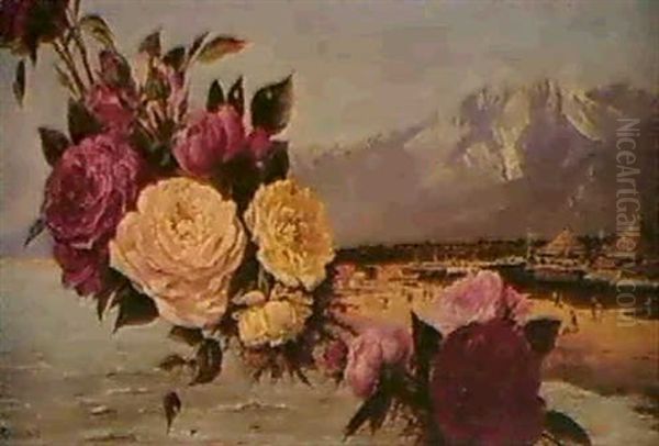 Figures On A Beach Bordered By Roses Oil Painting by Antonietta Brandeis