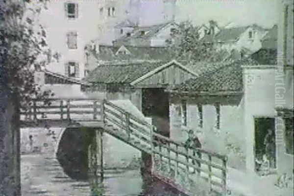 Figures On A Walkway Beside A Venetian Canal Oil Painting by Antonietta Brandeis