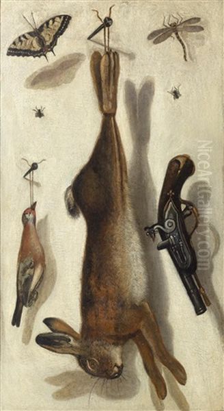 Trompe L'oeil, With A Hare, Birds And Insects Oil Painting by F.A. Brandel