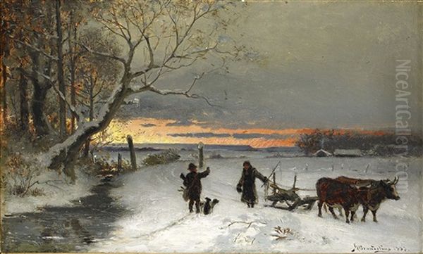 Vinterlandskap Med Jagare Oil Painting by Bengt-Johan-Gustaf Brandelius