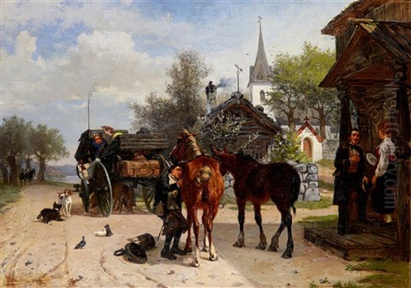 Skjutsombytet Oil Painting by Bengt-Johan-Gustaf Brandelius