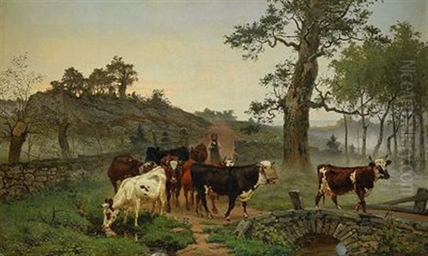 Landskap Med Boskap Vid Stenbro - Aftonstamning Oil Painting by Bengt-Johan-Gustaf Brandelius