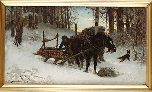 Vinterlandskap Med Timmerkorare Och Hund Oil Painting by Bengt-Johan-Gustaf Brandelius