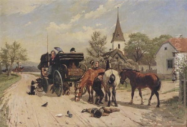 Hastekipage Pa Byvag Oil Painting by Bengt-Johan-Gustaf Brandelius