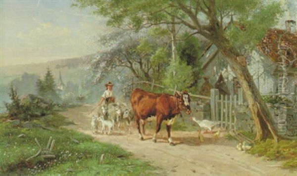 Vallflicka I Sommarlandskap Oil Painting by Bengt-Johan-Gustaf Brandelius