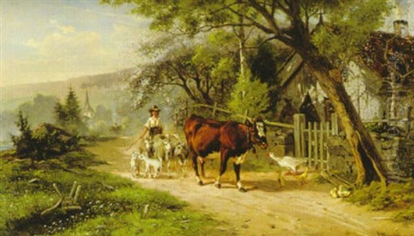 Herdeflicka Pa Landsvag Oil Painting by Bengt-Johan-Gustaf Brandelius