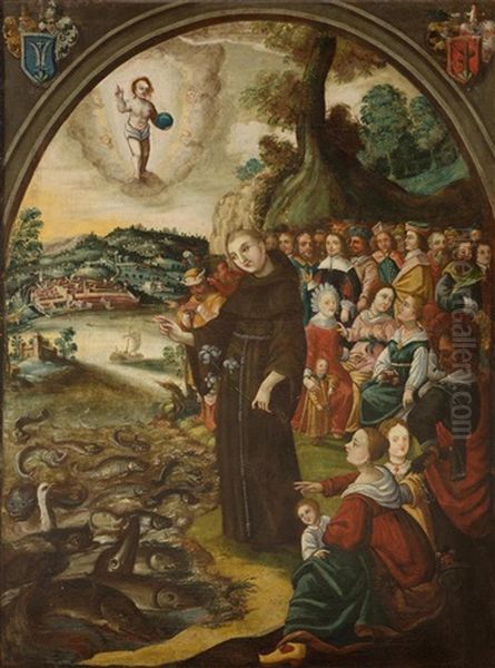 Saint Francis Preaching To The Fish, With A View Of The Town Of Zug In The Background Oil Painting by Thomas Brandenberg