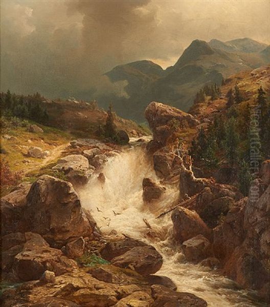 Cascade Sur Fond De Paysage Montagneux Oil Painting by Wilhelm Brandenburg