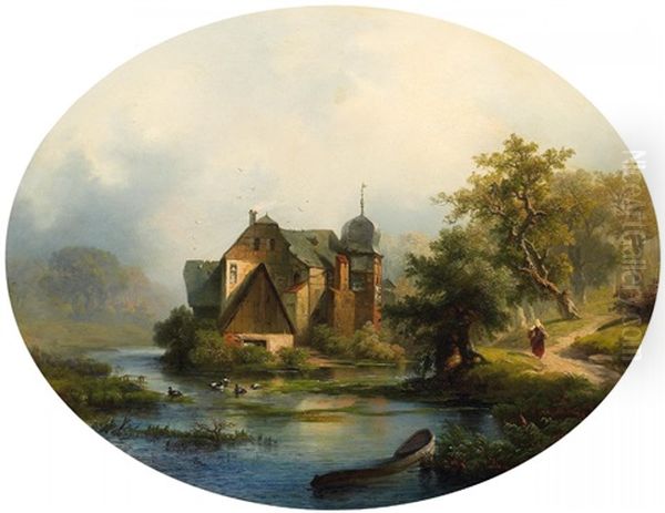 Blick Auf Ein Altes Wasserschlosschen (quedlinhof Bei Dusseldorf?) Oil Painting by Wilhelm Brandenburg