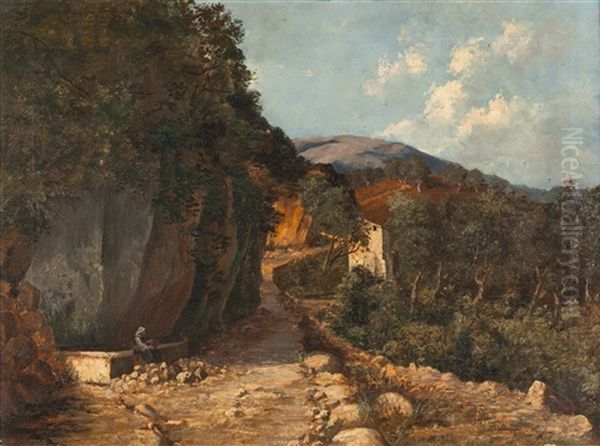 Die Rast Am Brunnen (landschaft In Italien) Oil Painting by Hans Heinrich Juergen Brandes