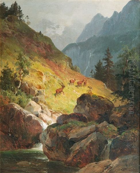 Paar Gegenstucke: Bar Und Rotwild In Den Tiroler Alpen Oil Painting by Hans Heinrich Juergen Brandes