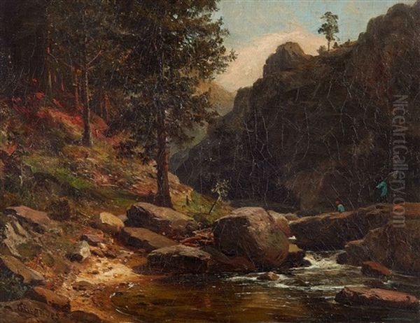 Mountainous Landscape With Anglers Oil Painting by Hans Heinrich Juergen Brandes