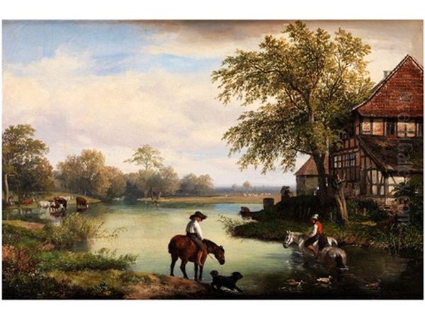 Landschaft Mit Pferden An Der Tranke Oil Painting by Hans Heinrich Juergen Brandes