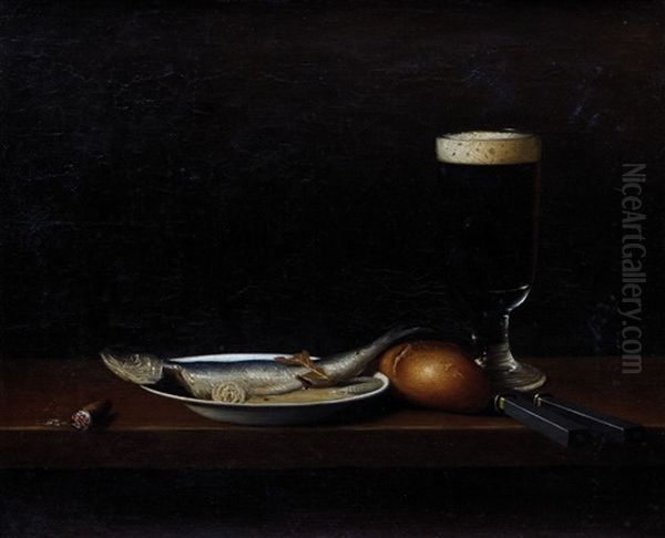 Stillleben Mit Eingelegtem Fisch, Brotchen, Einem Glas Schwarzbier Und Besteck, Angerichtet Auf Einem Tisch Oil Painting by Hans Heinrich Juergen Brandes