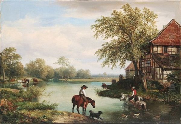 Reiter Am Flus Oil Painting by Hans Heinrich Juergen Brandes