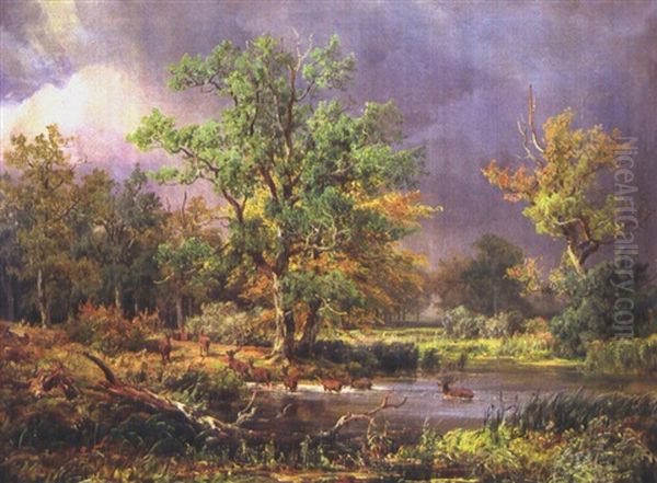 Gewitterstimmung Mit Weiher Und Hirschen Oil Painting by Hans Heinrich Juergen Brandes