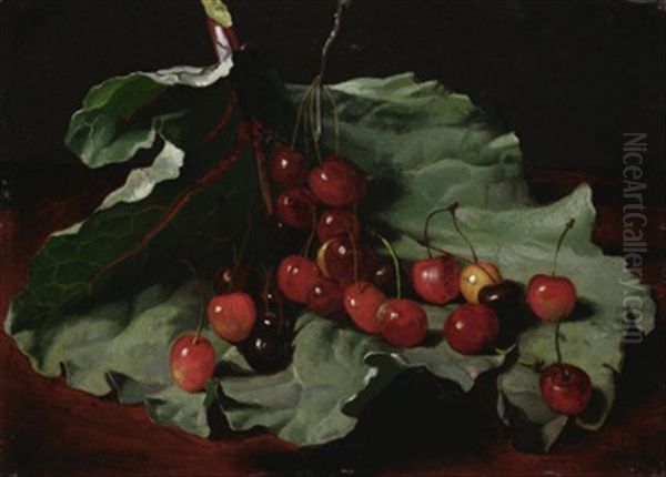 Stilleben Mit Kirschen Auf Einem Rabarberblatt Oil Painting by Hans Heinrich Juergen Brandes