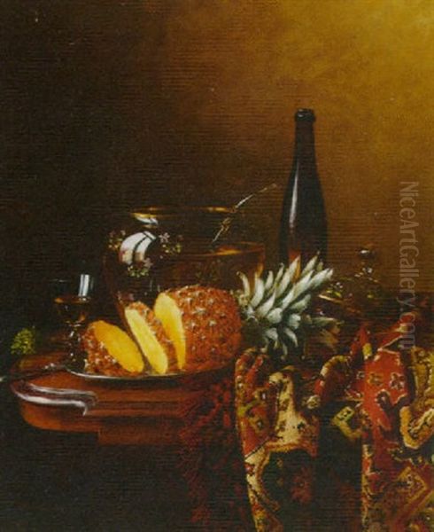 A Bowl  Of Punch, With A Pineapple And A Carpet On A Table Oil Painting by Hans Heinrich Juergen Brandes