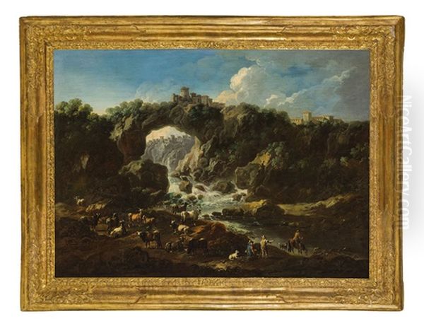 Paesaggio Con Armenti E Cascata Oil Painting by Domenico Brandi