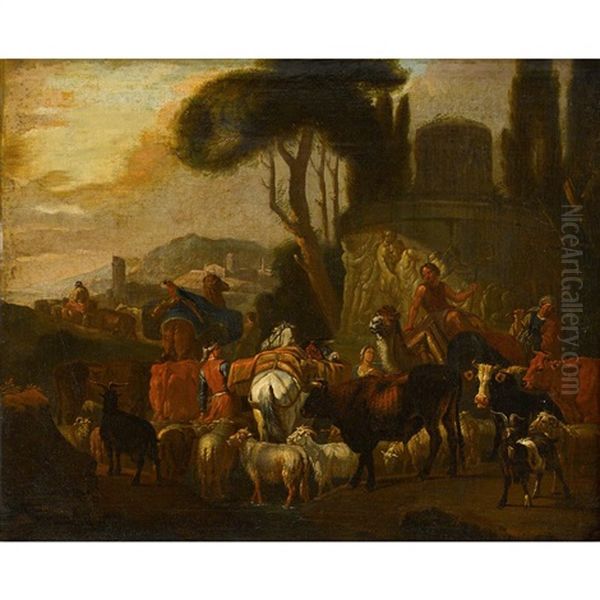 Goat And Cattle Herd In A Pastoral Landscape Oil Painting by Domenico Brandi