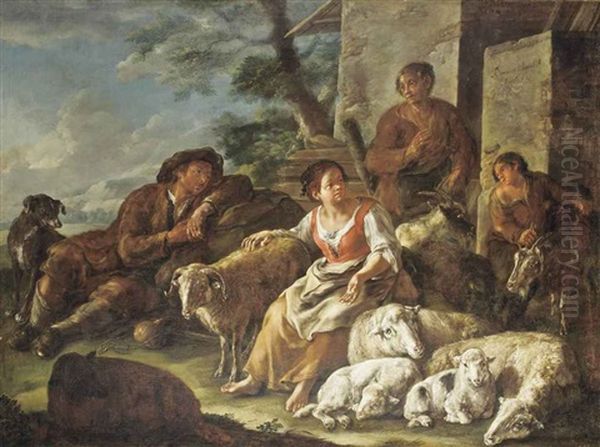 Shepherds And Shepherdesses At Rest With Their Flock, Outside A Barn, A Landscape Beyond Oil Painting by Domenico Brandi