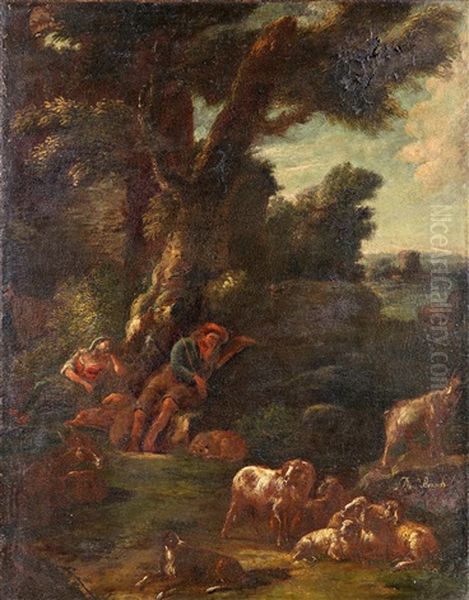 Pastoralt Landskap Med Vilande Herde Och Herdinna Oil Painting by Domenico Brandi