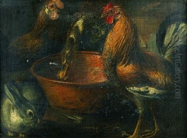 Poules, Canard Et Lapin Oil Painting by Domenico Brandi