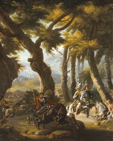 A Wild Boar Hunt (collab. W/pieter Van Der Leeuw) Oil Painting by Domenico Brandi